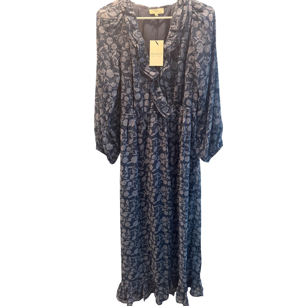 Promesa Navy Blue Floral Ruffle Maxi Dress Long Sleeve Surplice Faux Wrap M NWT
